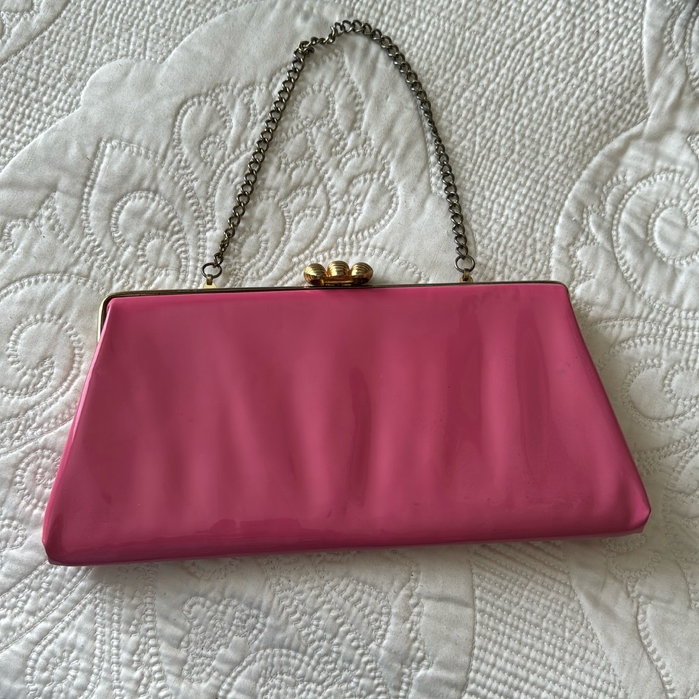 Beautiful vintage pink patent leather clutch with gold hardware